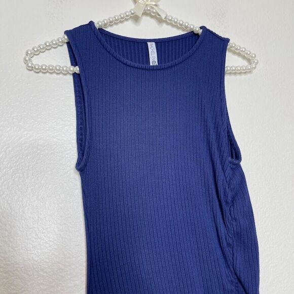 Rachel Pally Dress Medium Blue Rib Sleeveless Knit Maxi Long High Neck Shirred - Picture 4 of 11